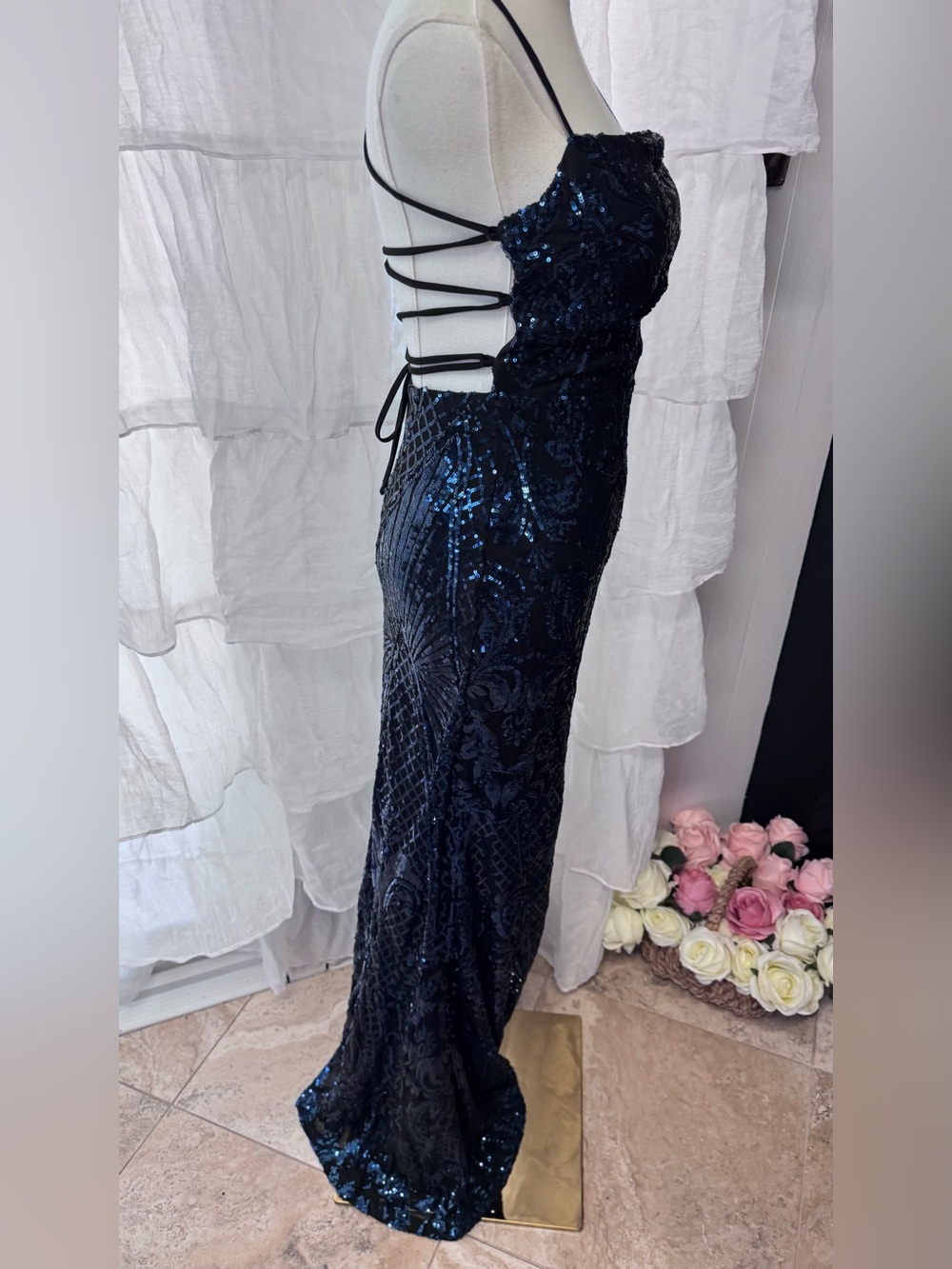 Windsor Navy Sequin Halter Gown with Thigh Slit - Picture 8 of 16